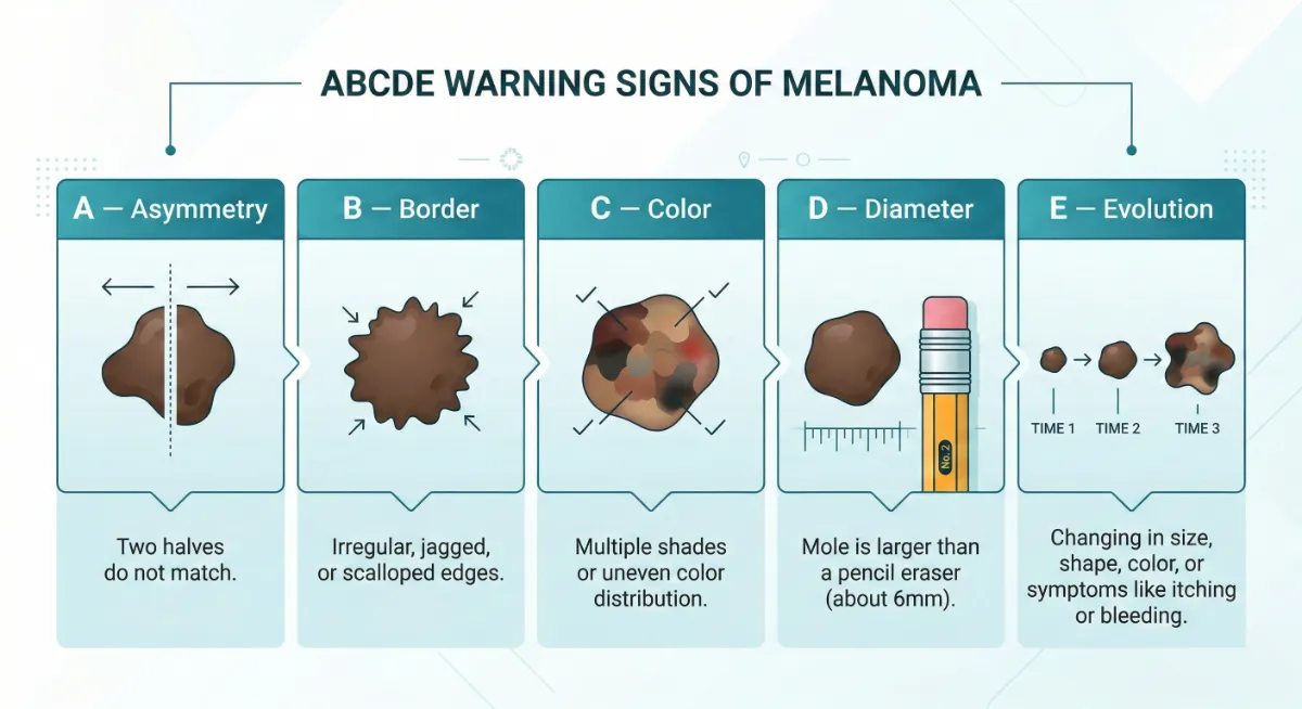 ABCDE melanoma warning signs infographic — Asymmetry, Border, Color, Diameter, Evolution