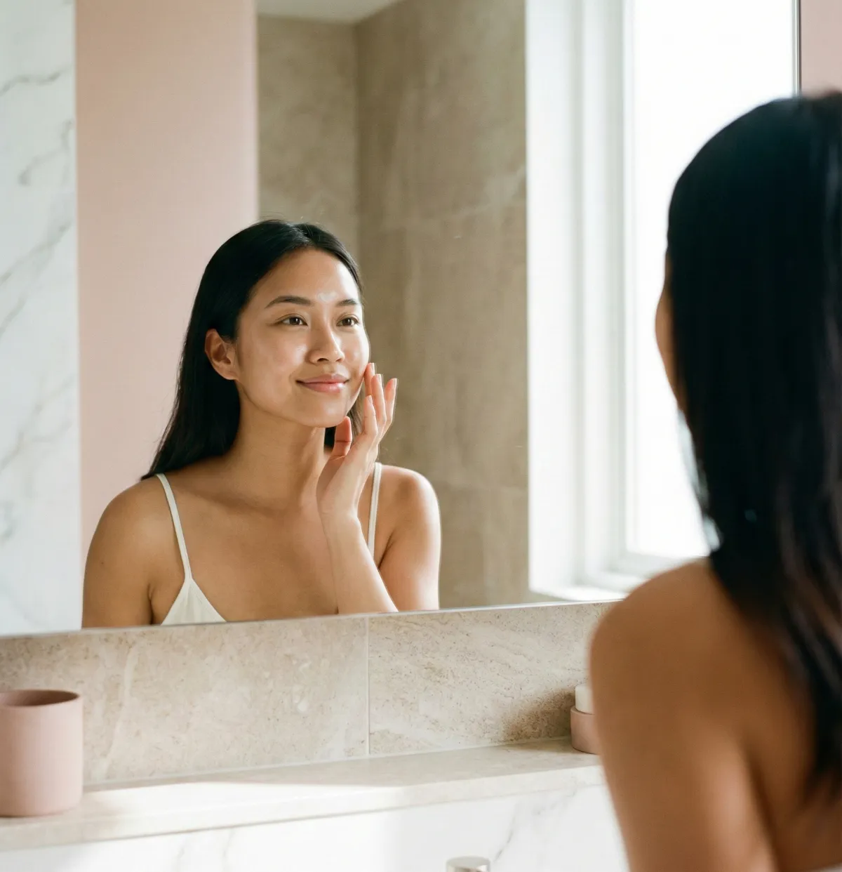 Young woman checking her clear, healthy skin in a bathroom mirror — representing the hope of effective acne treatment