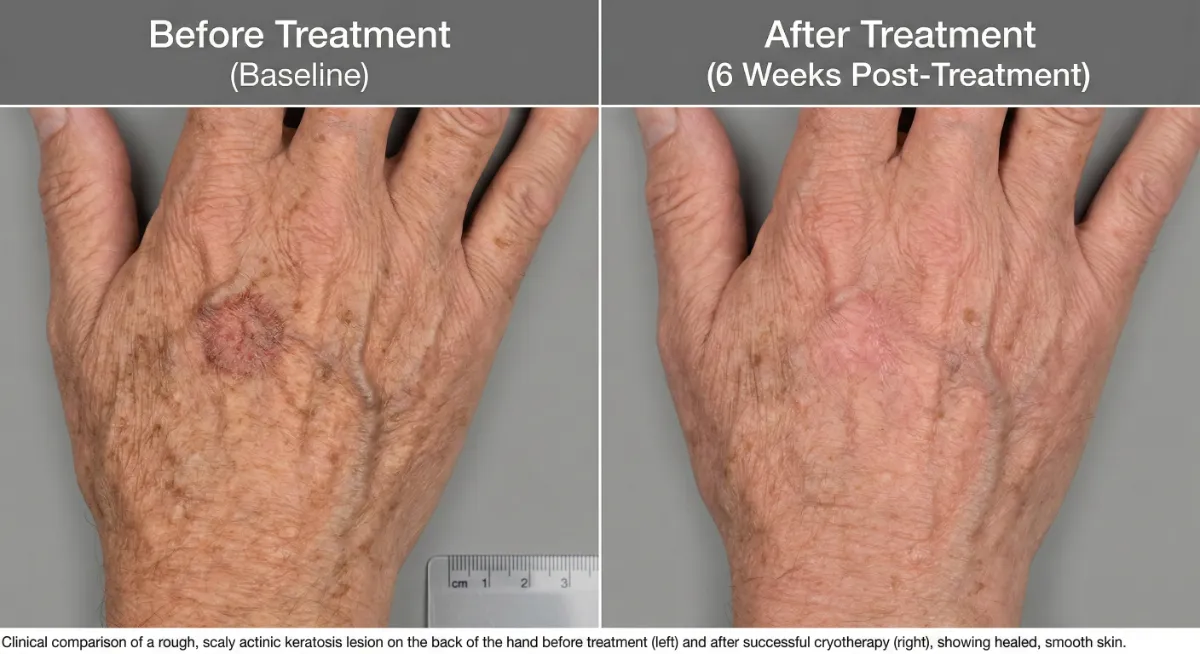 Actinic keratosis cryotherapy treatment before and after result — precancerous lesion cleared at Dr. Pang Skin Clinic Bangkok