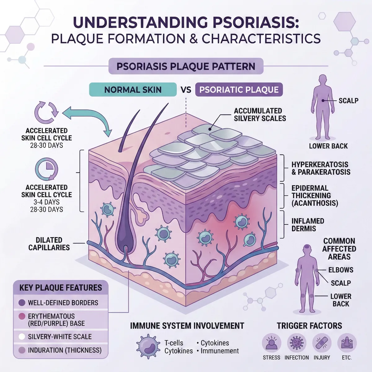 Medical illustration of psoriasis plaque pattern