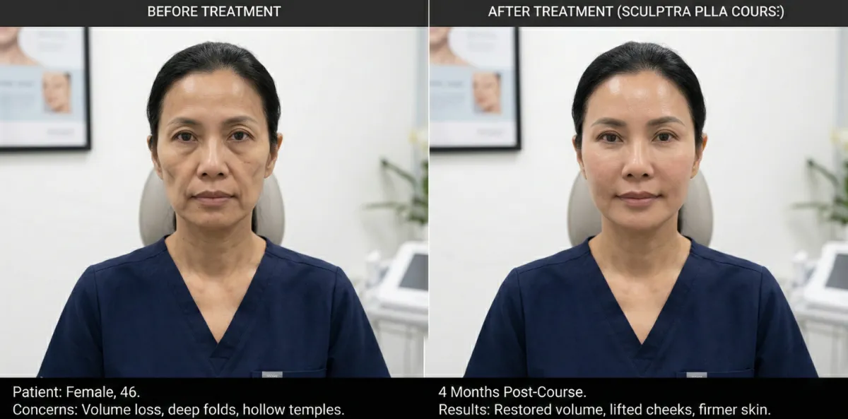 Before and after comparison showing facial volume restoration and improved skin firmness after Sculptra PLLA biostimulator treatment course at Dr. Pang Skin Clinic Bangkok