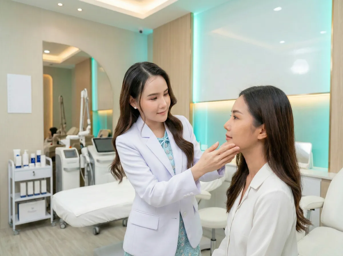Southeast Asian female dermatologist examining patient's face during biostimulator consultation at Dr. Pang Skin Clinic Bangkok modern luxury clinic