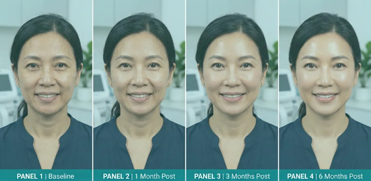 Split panel portrait series showing skin volume and firmness progression over 6 months after biostimulator treatment at Dr. Pang Skin Clinic Bangkok