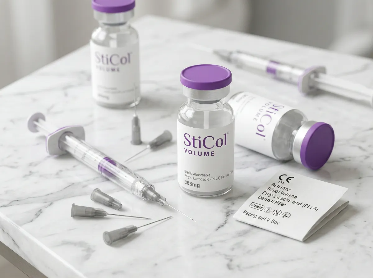 Sticol PLLA biostimulator vials and syringes arranged on clean marble surface — premium aesthetic medical products at Dr. Pang Skin Clinic Bangkok