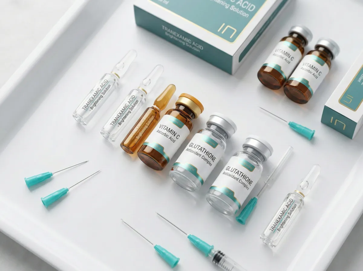 Medical ampoules of brightening ingredients — tranexamic acid, vitamin C, glutathione for Whitening Cocktail Mesotherapy at Dr. Pang Skin Clinic