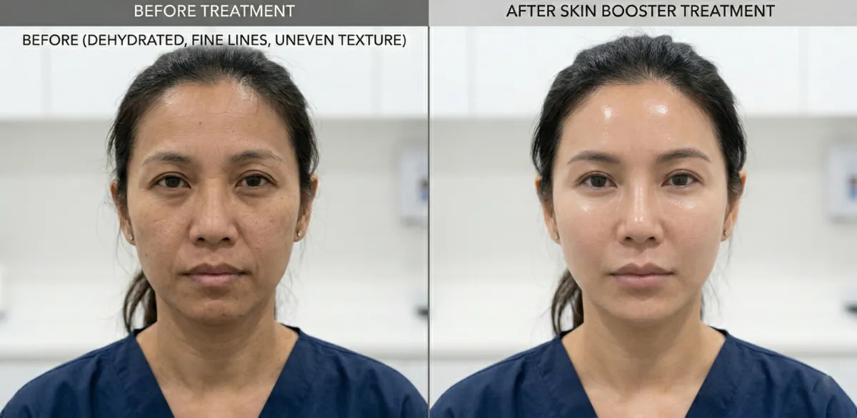 Before and after comparison showing dull dehydrated skin transformed to plump luminous hydrated glowing skin after skin booster treatment at Dr. Pang Skin Clinic Bangkok