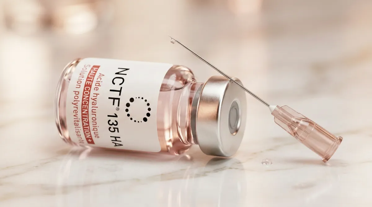 Fillmed NCTF 135 HA injectable ampoule with fine mesotherapy needle on clean marble surface — premium skin booster at Dr. Pang Skin Clinic Bangkok