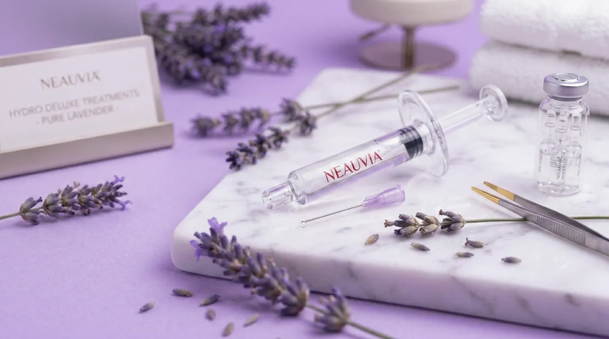 Neauvia Hydrodeluxe hyaluronic acid biorevitalization vial and fine injection needle on white marble — premium Italian skin booster at Dr. Pang Skin Clinic Bangkok