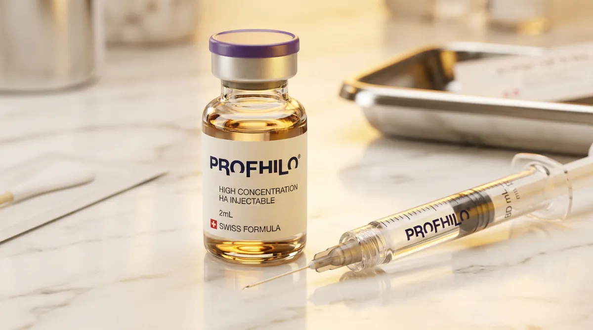 Profhilo high concentration HA injectable vial and syringe on white marble — Swiss formula bioremodeler skin booster at Dr. Pang Skin Clinic Bangkok