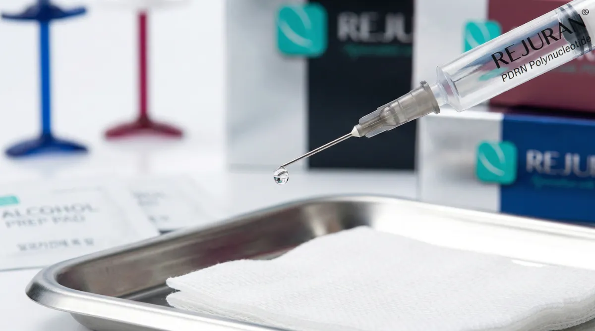 Rejuran PDRN polynucleotide skin booster vial and fine injection needle in clinical setting at Dr. Pang Skin Clinic Bangkok