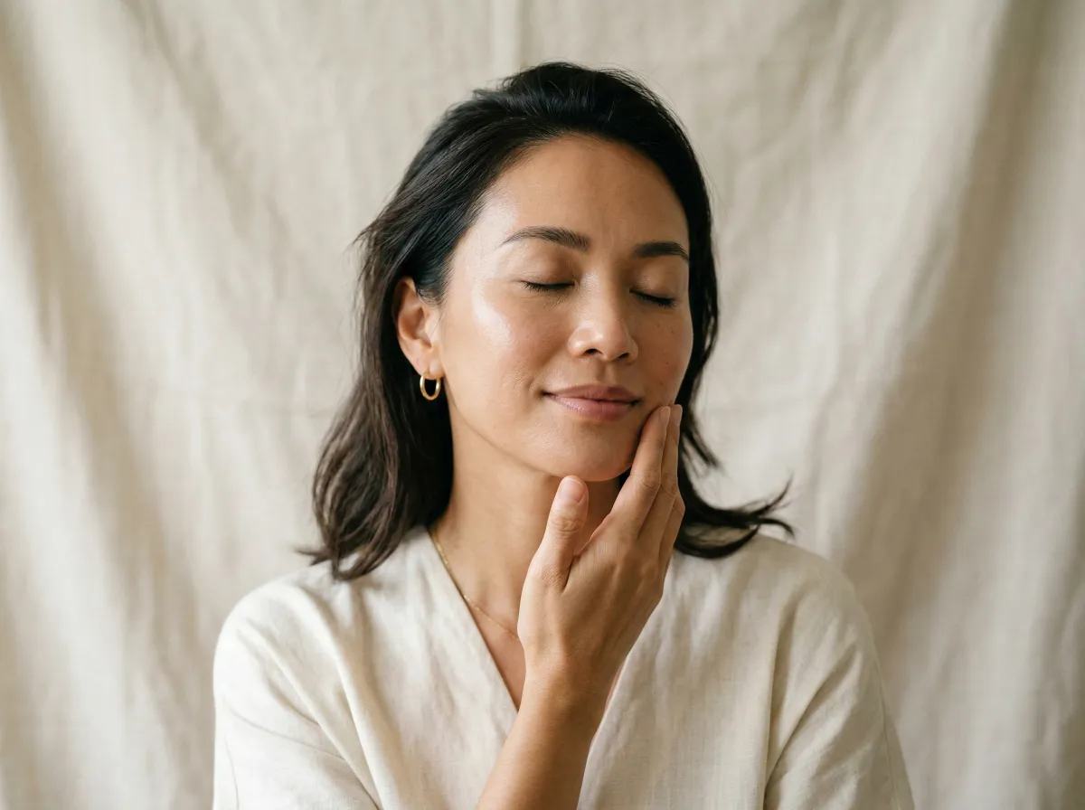 Southeast Asian woman with smooth glowing skin touching her face — results of skin quality injectable treatments at Dr. Pang Skin Clinic