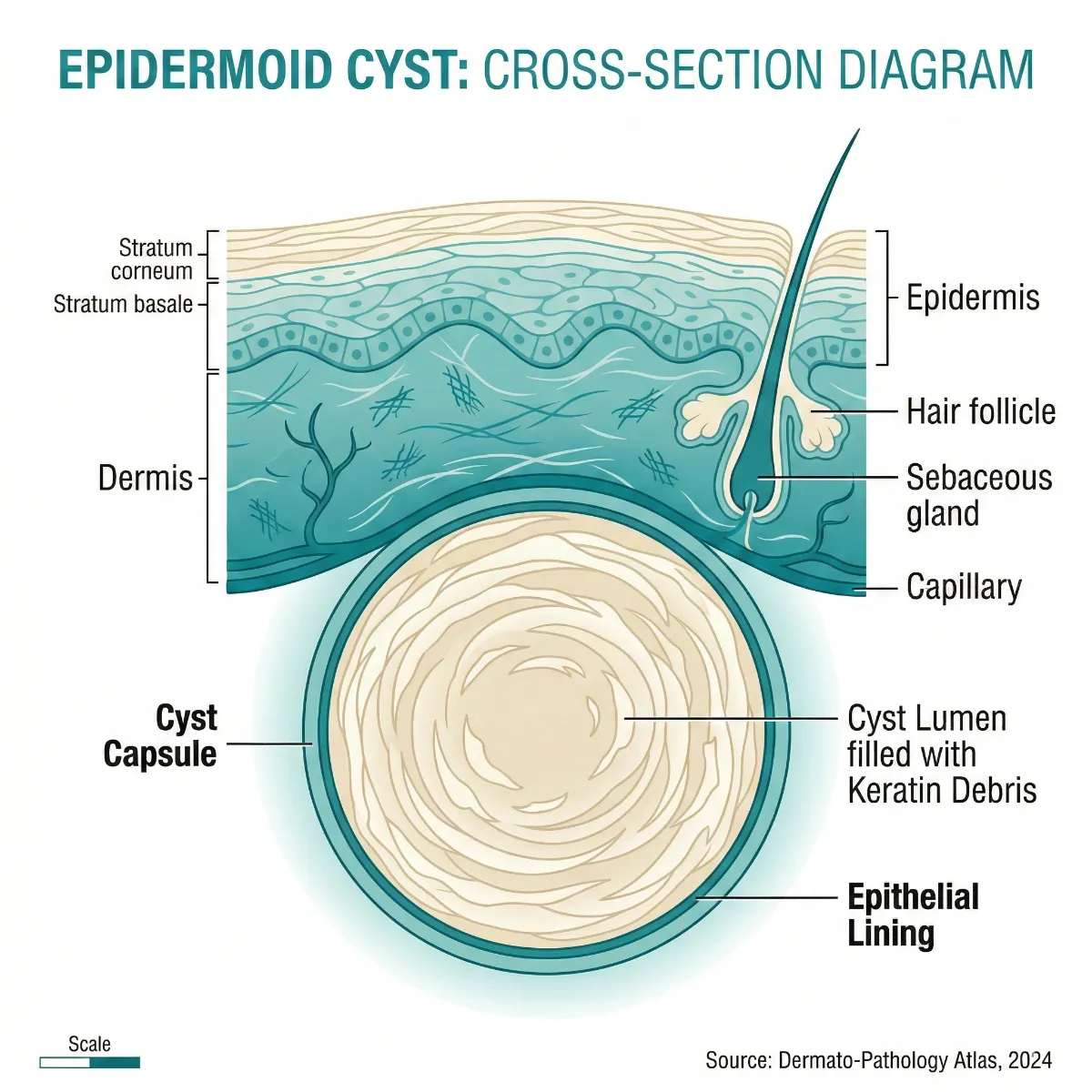 Medical illustration of an epidermoid cyst cross-section showing encapsulated cyst beneath the dermis