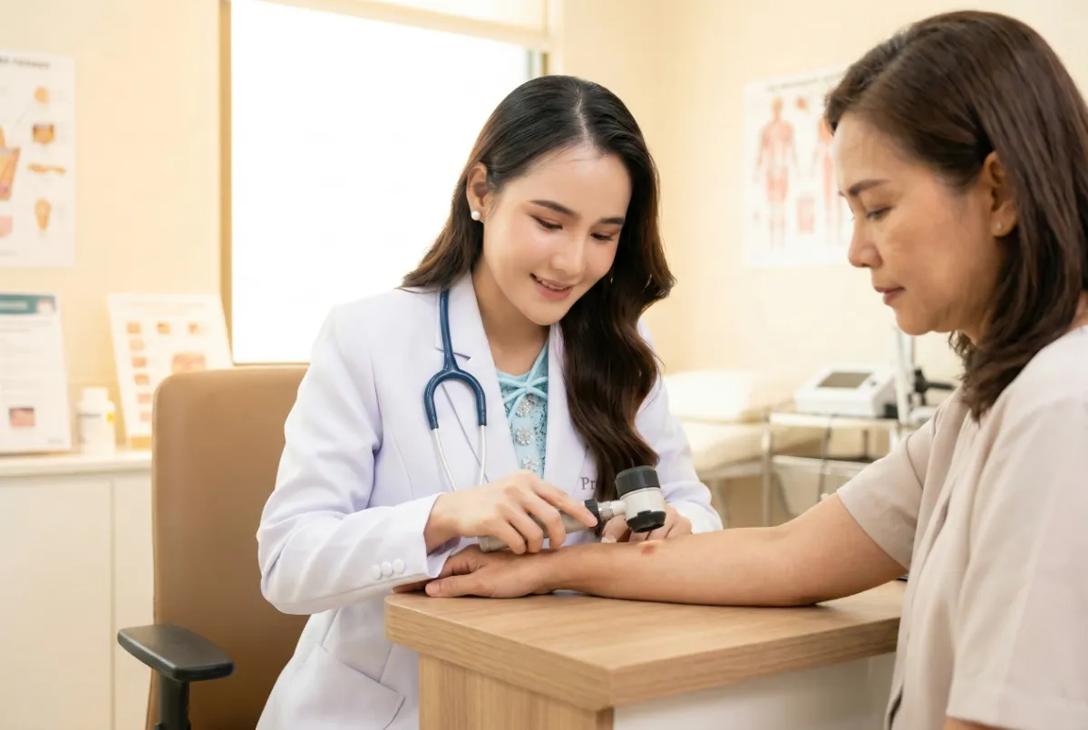 Dr. Gateorn Pongarnar, Board-Certified Dermatologic Surgeon, examining a patient's skin lesion with dermoscope at Dr. Pang Skin Clinic Bangkok