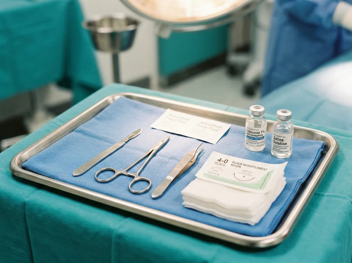 Sterile minor skin surgery instrument tray at Dr. Pang Skin Clinic Bangkok — scalpel, needle driver, forceps, local anesthetic