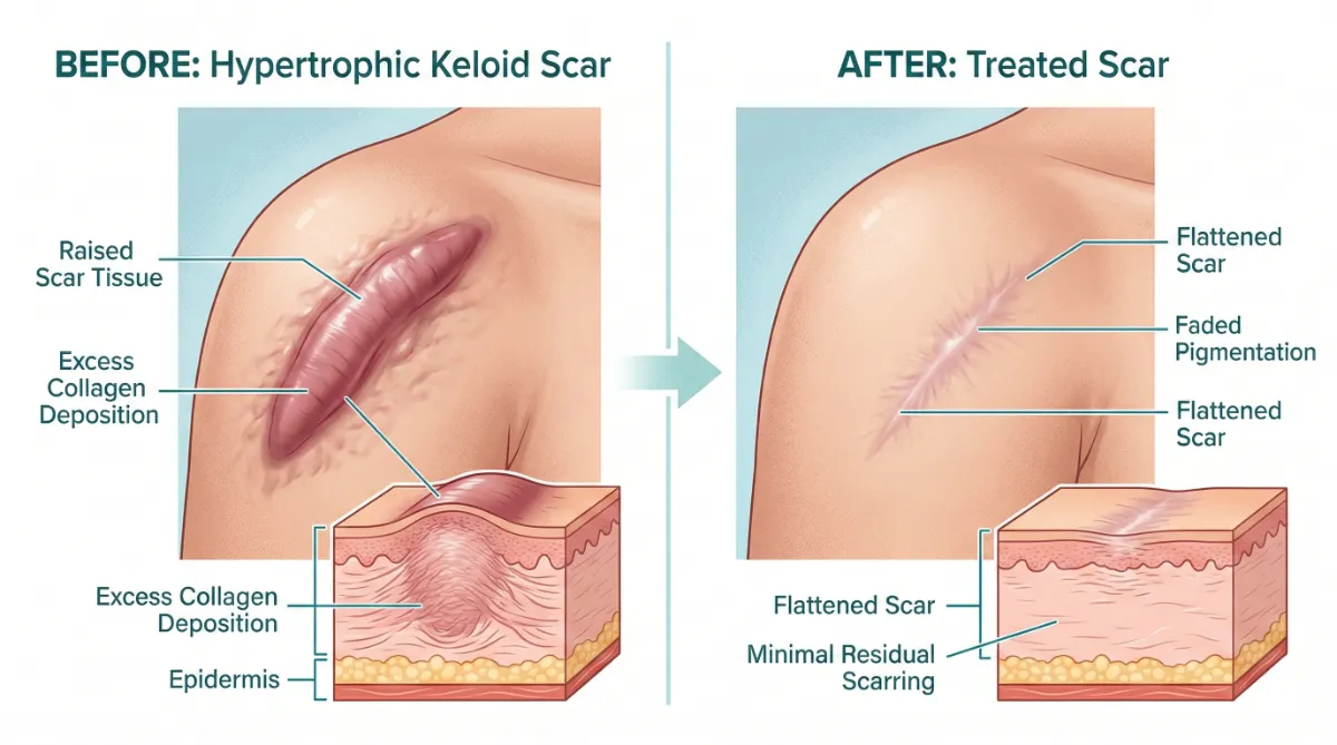 Keloid and hypertrophic scar treatment before and after comparison at Dr. Pang Skin Clinic Bangkok