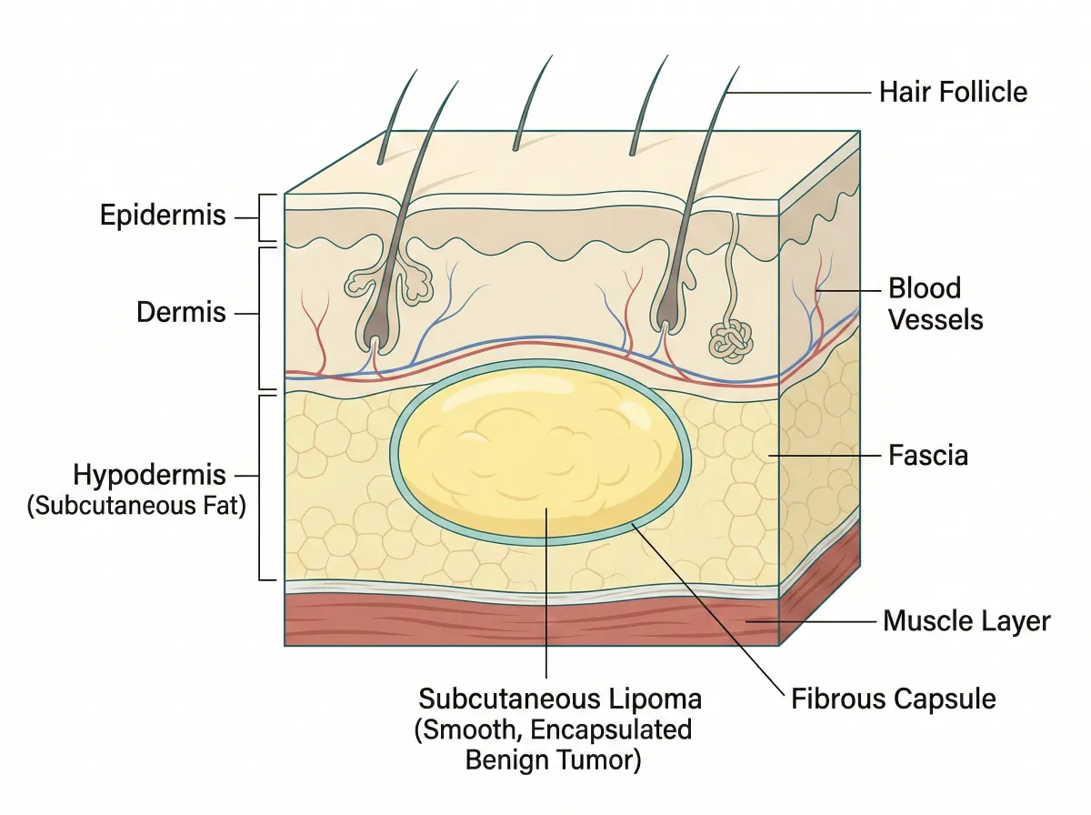 Medical illustration of a subcutaneous lipoma showing encapsulated fatty tumor beneath skin layers