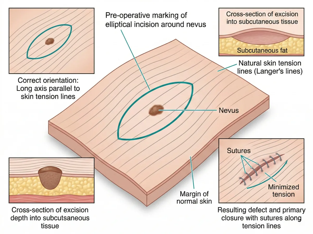 Medical diagram showing elliptical excision technique for mole removal along Langer's skin tension lines