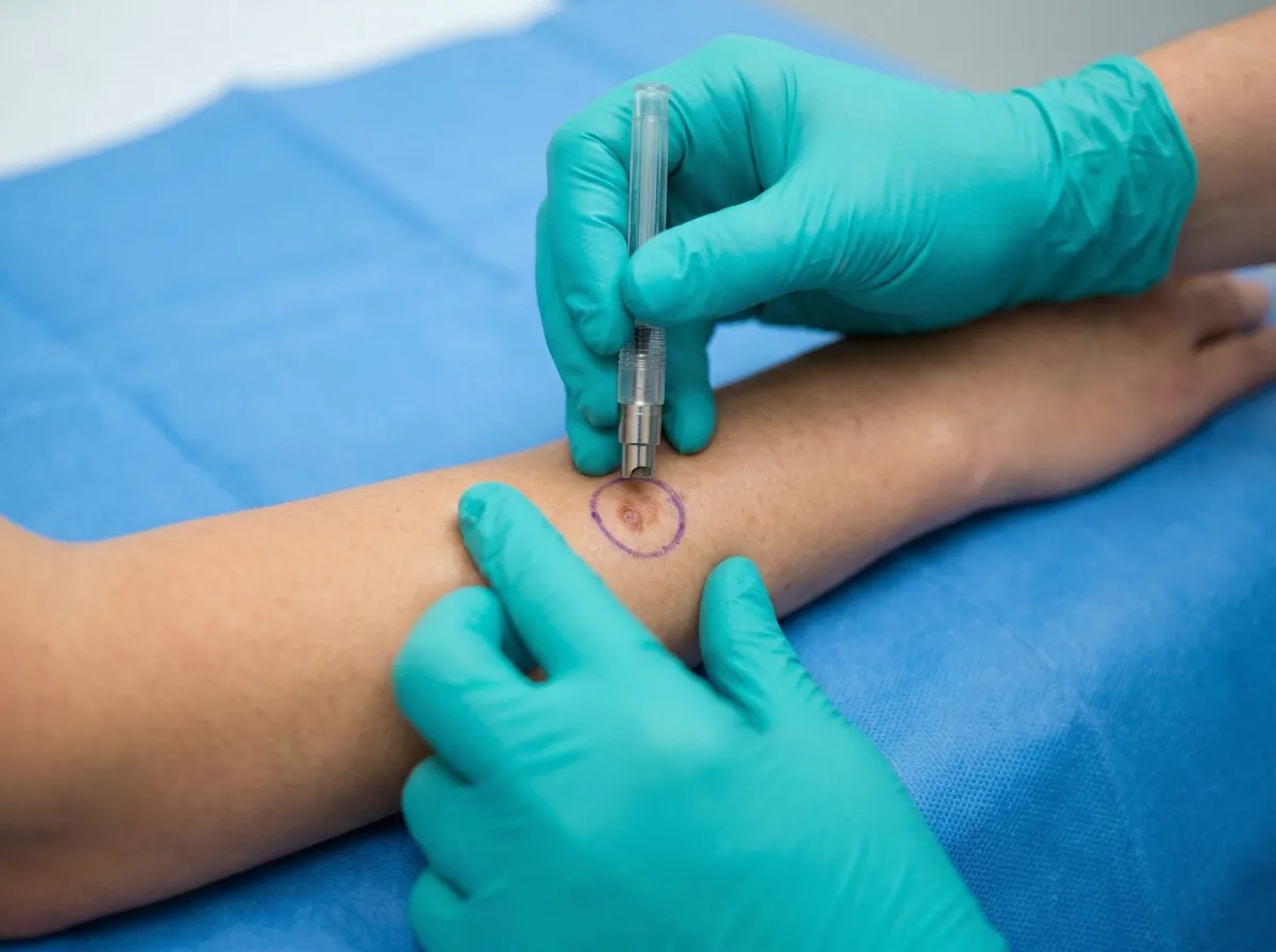 Dermatologist's gloved hands holding punch biopsy tool for skin lesion sampling at Dr. Pang Skin Clinic Bangkok