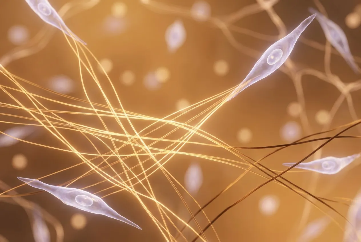 Scientific microscopic visualization of golden Type I collagen fibers being synthesized by fibroblast cells in the dermal layer after biostimulator PLLA treatment