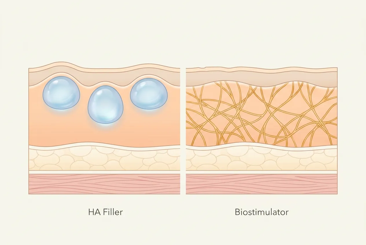 Anatomical cross-section illustration comparing how HA filler sits as gel pockets in the dermis versus how a biostimulator triggers a new collagen scaffold deeper in the dermal layer