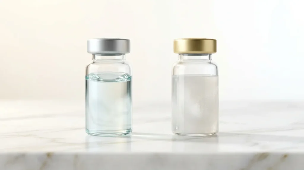 Two transparent medical vials on white marble — clear hyaluronic acid filler gel and white poly-L-lactic acid biostimulator suspension representing the two main injectable categories at Dr. Pang Skin Clinic Bangkok