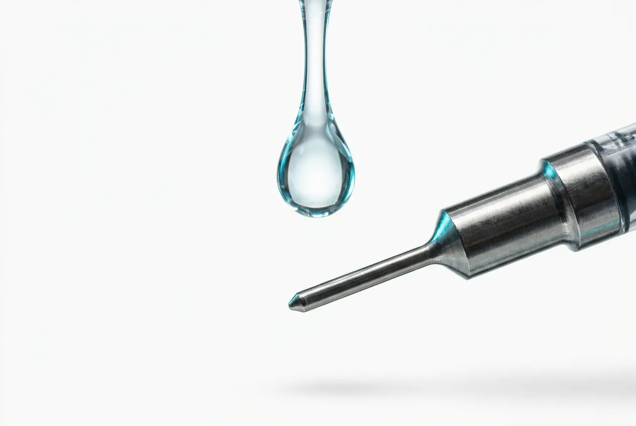 Macro photograph of a clear hyaluronic acid dermal filler gel droplet refracting light above a stainless steel syringe tip — illustrating the water-binding properties of HA fillers
