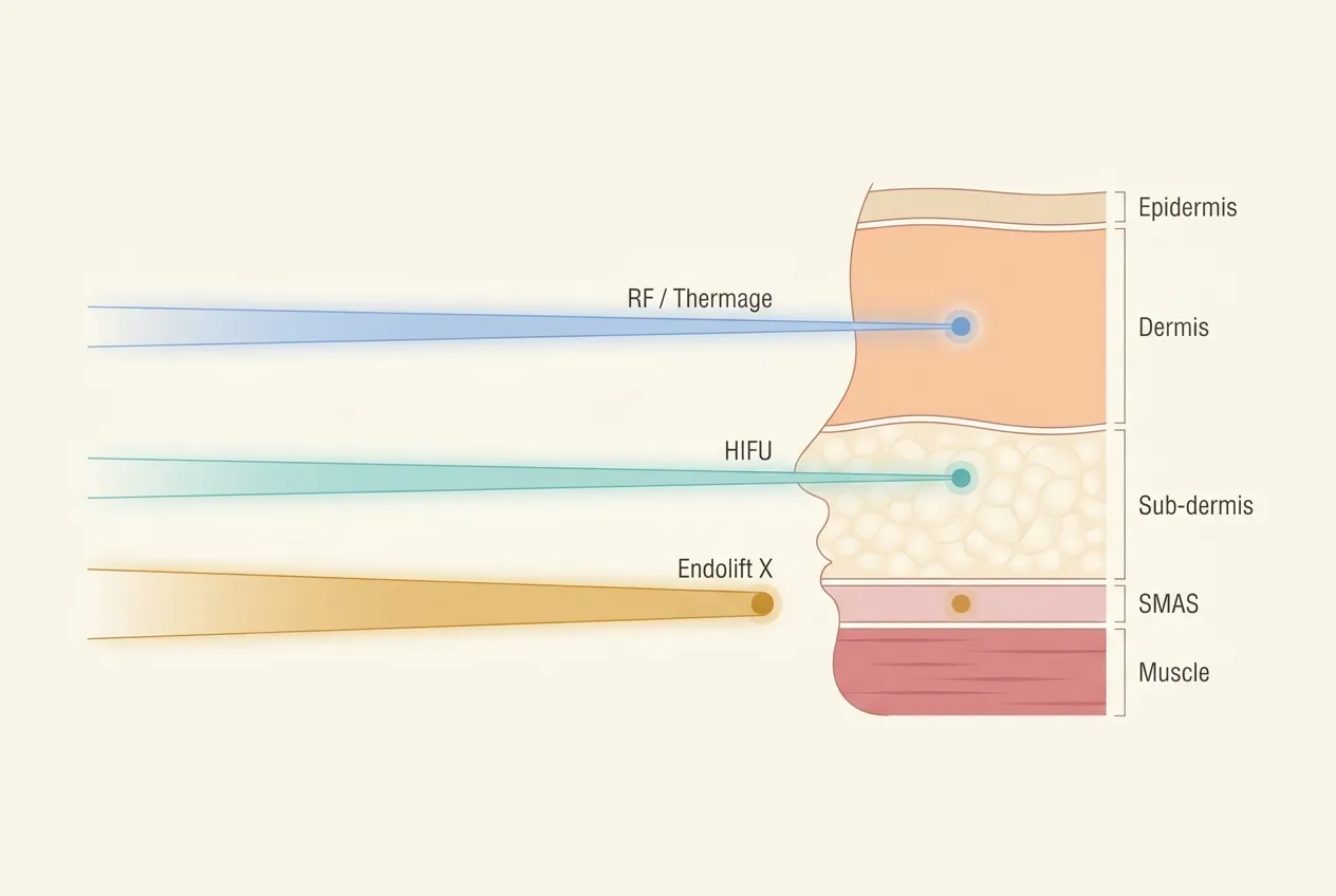 Anatomical infographic comparing treatment depths of Endolift X, HIFU and RF / Thermage across the epidermis, dermis, sub-dermis, SMAS and muscle layers