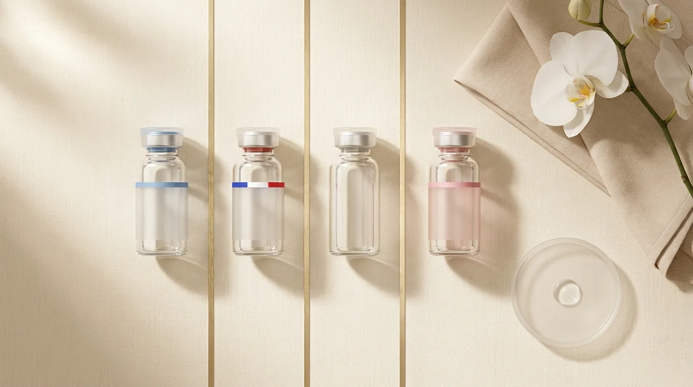 Editorial flat lay comparing four botulinum toxin vials from the USA, France, Germany, and Korea on a cream linen background