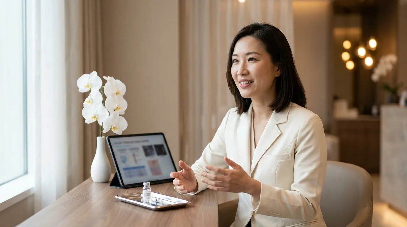 Female dermatologist in a modern Bangkok clinic explaining botulinum toxin treatment options to a patient during consultation