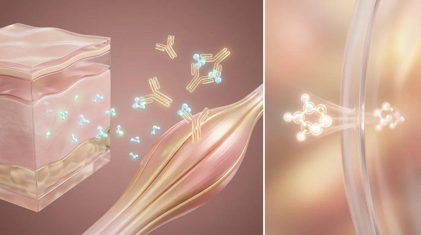 Conceptual illustration showing neutralizing antibodies intercepting complexed botulinum toxin while pure Xeomin passes freely to the nerve ending