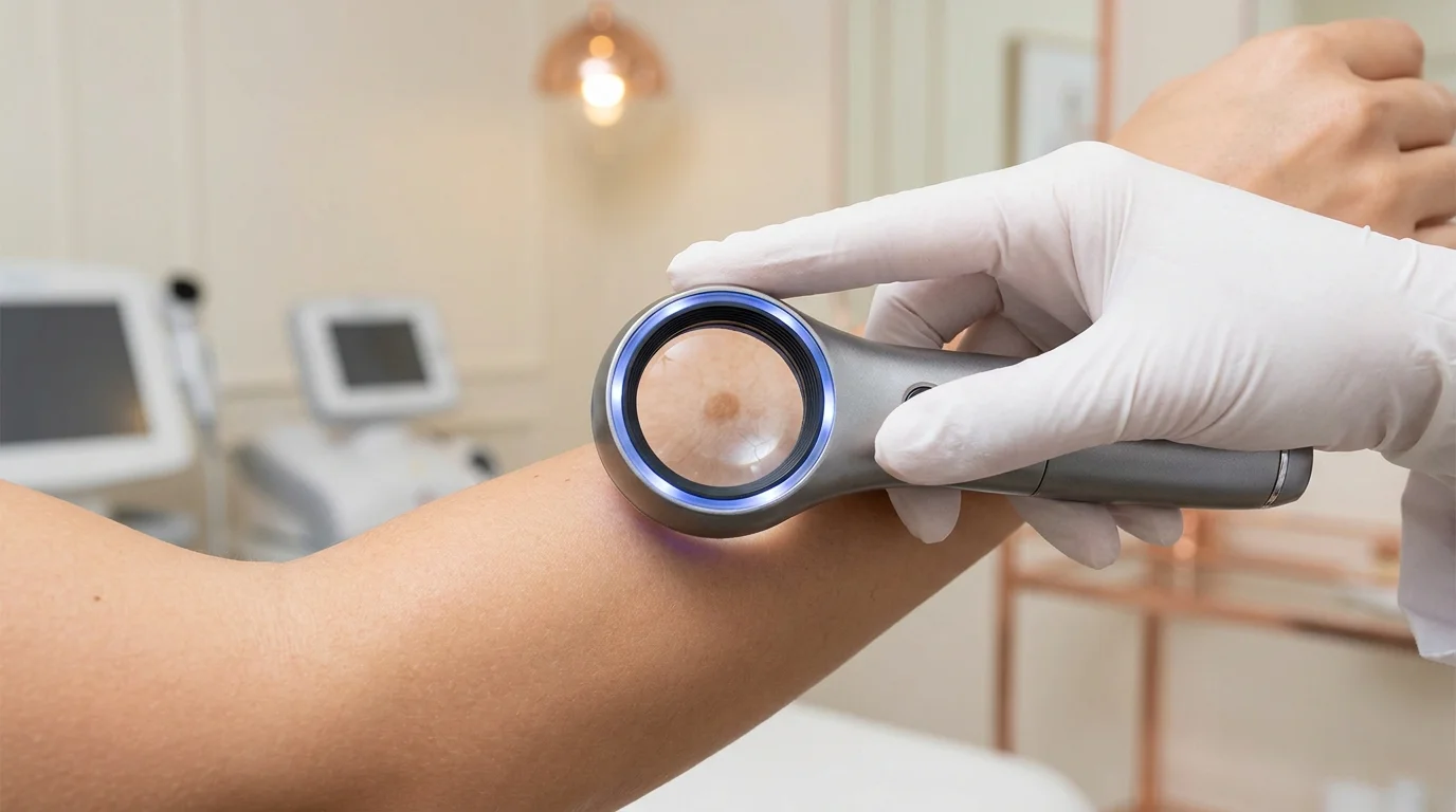 Board-certified dermatologist using a digital dermatoscope to magnify and examine a benign mole before deciding on ablative CO2 laser removal at Dr. Pang Skin Clinic Bangkok