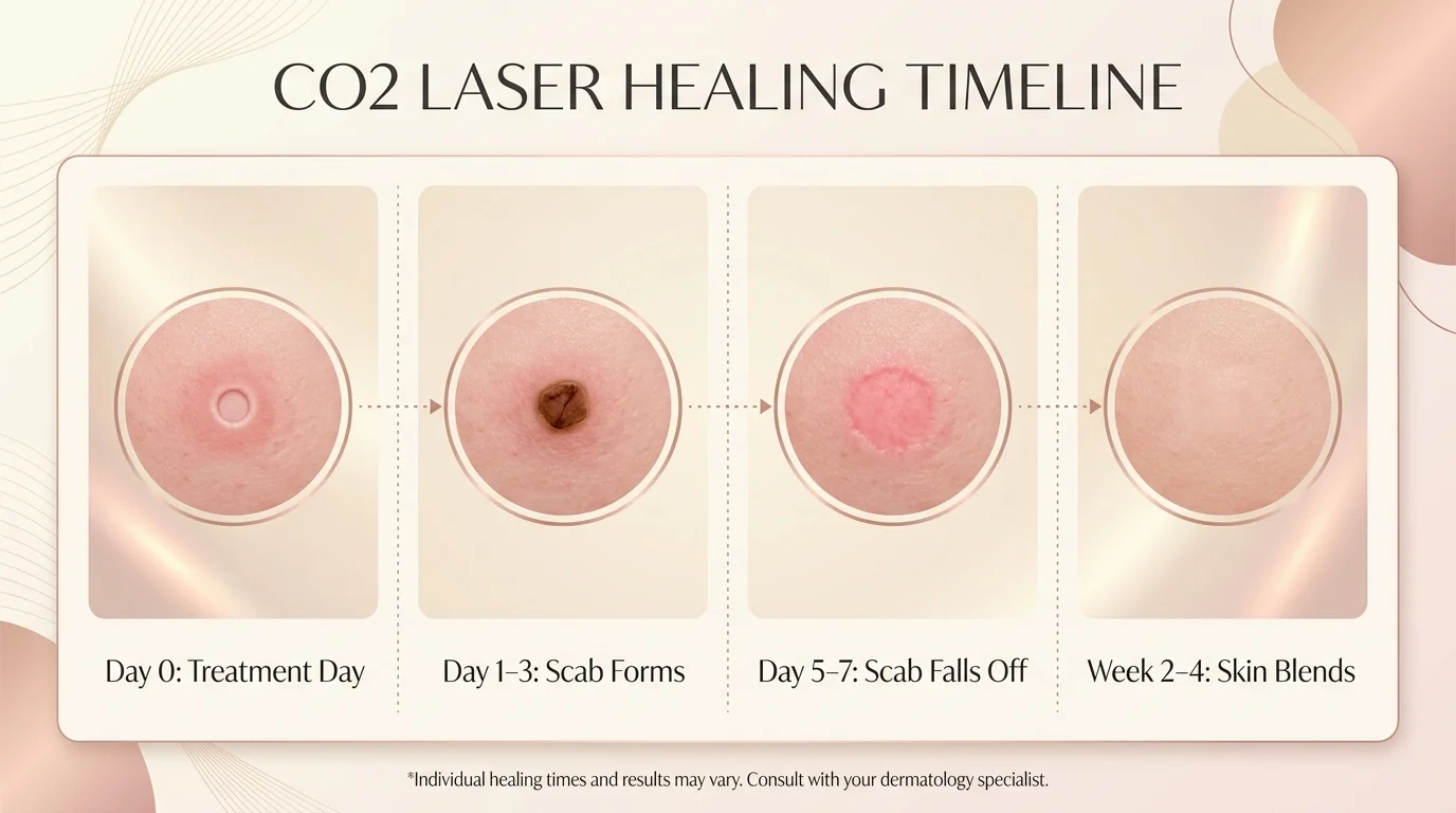 Visual timeline showing four stages of skin healing after ablative CO2 laser treatment: day 0 treatment day, day 1-3 scab forms, day 5-7 scab falls off, week 2-4 skin blends