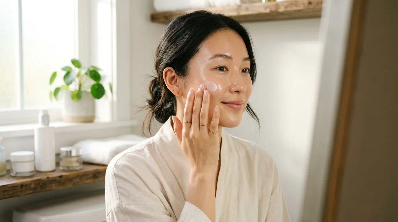 Woman applying broad-spectrum sunscreen as part of a daily routine to prevent acne scars and dark marks
