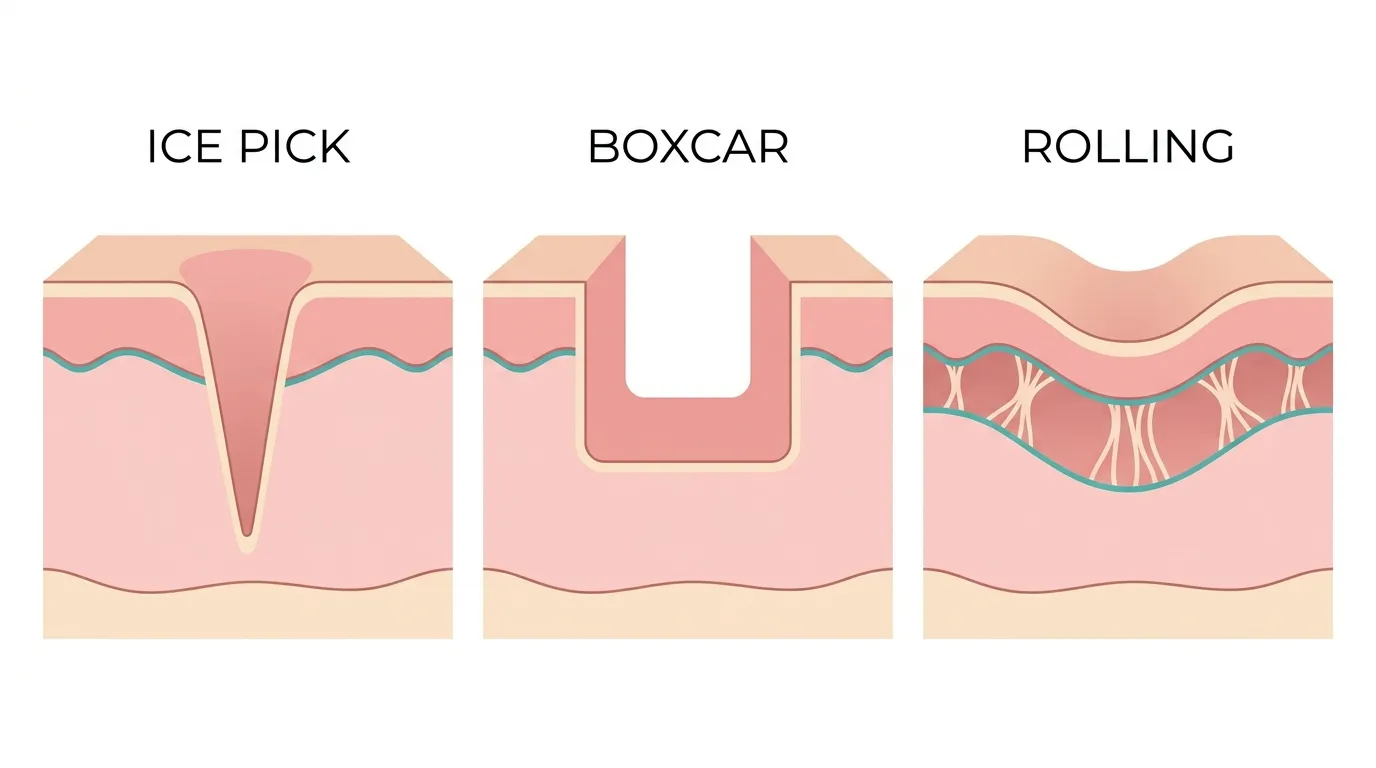 Medical cross-section diagram comparing ice pick, boxcar, and rolling atrophic acne scars in the skin