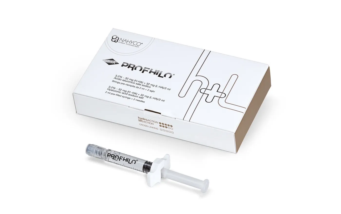 Profhilo 2 ml pre-filled syringe containing 64 mg of concentrated hyaluronic acid with its IBSA box