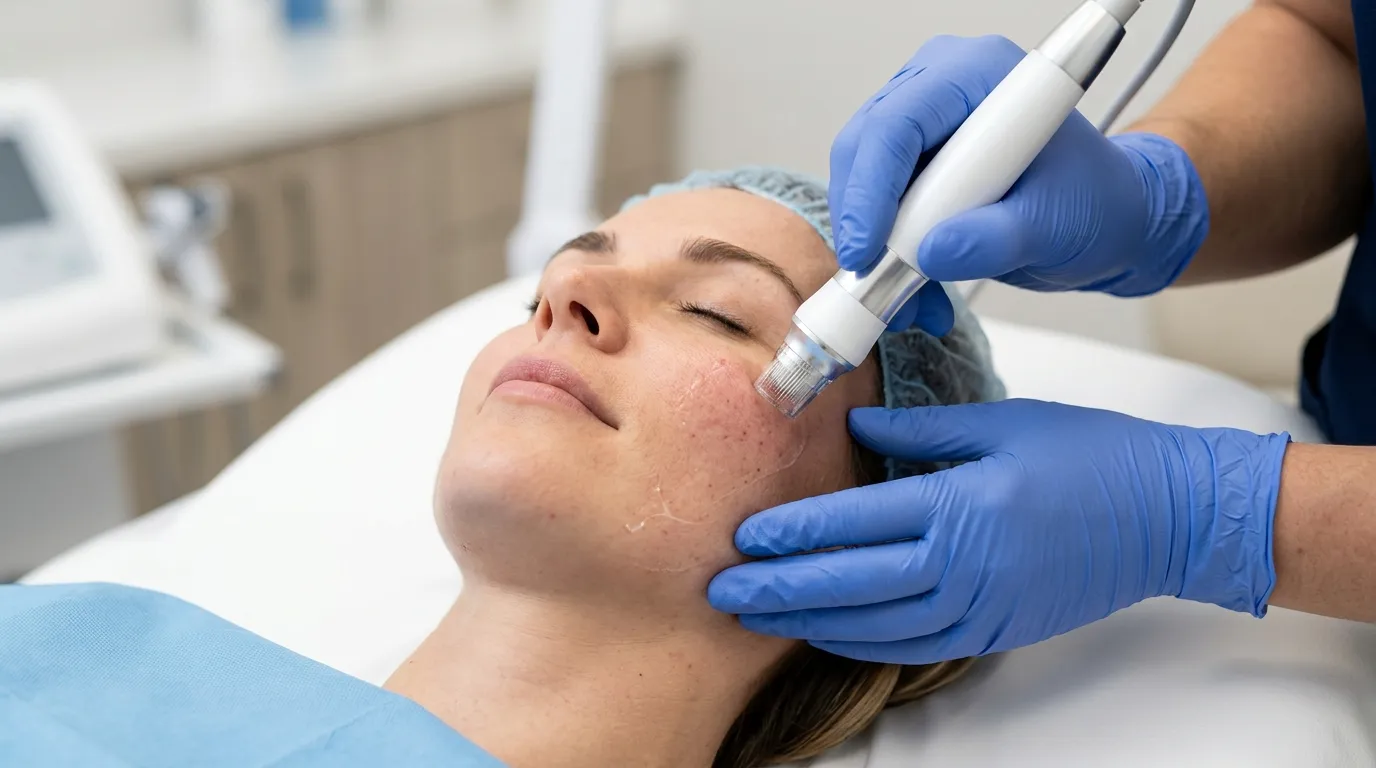 Close-up of gloved hands using an RF microneedling device on a patient's cheek to treat acne scars