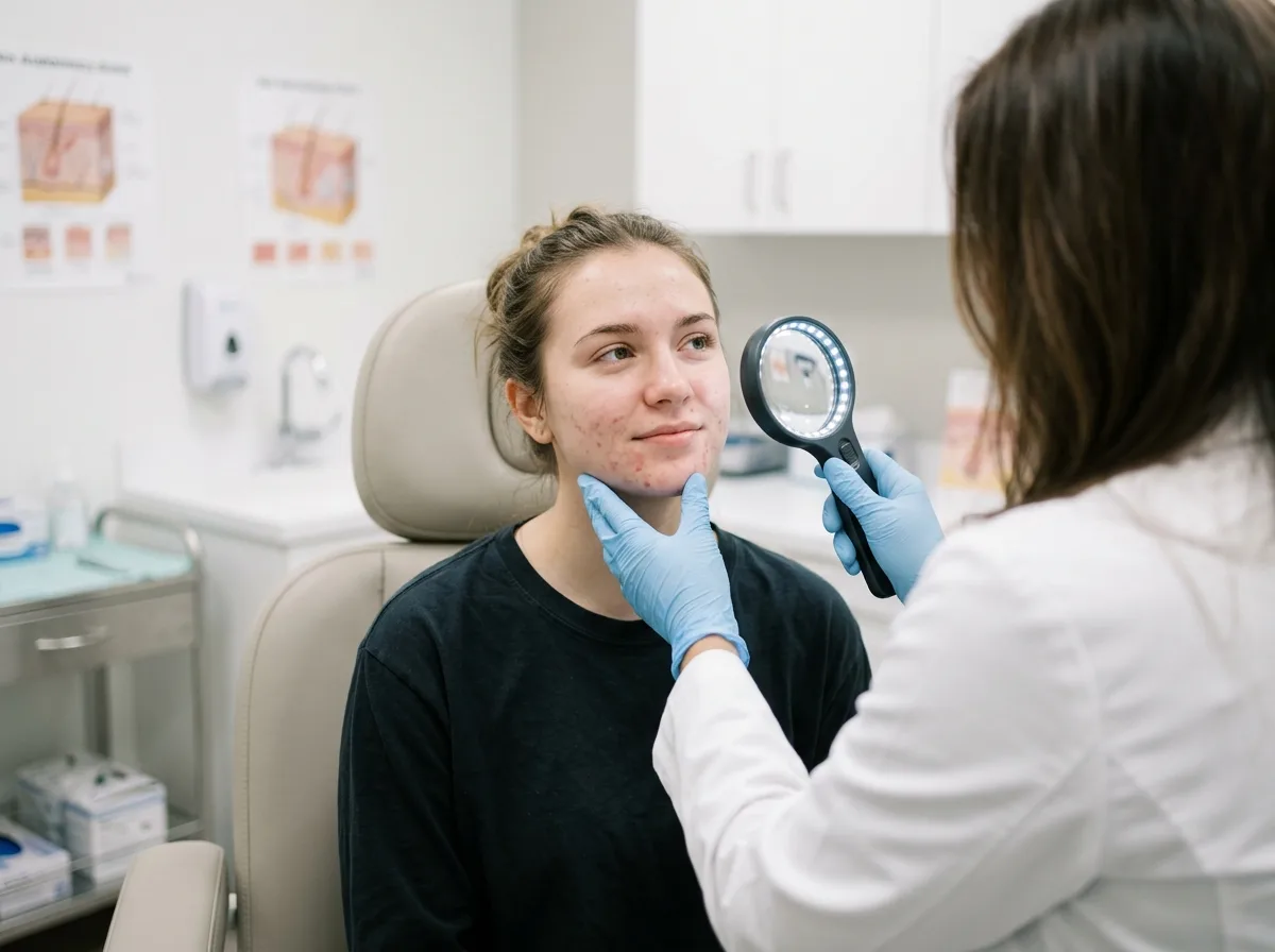 Dermatologist examining a patient's mild inflammatory acne early to prevent permanent scarring, dermatologist's face not shown