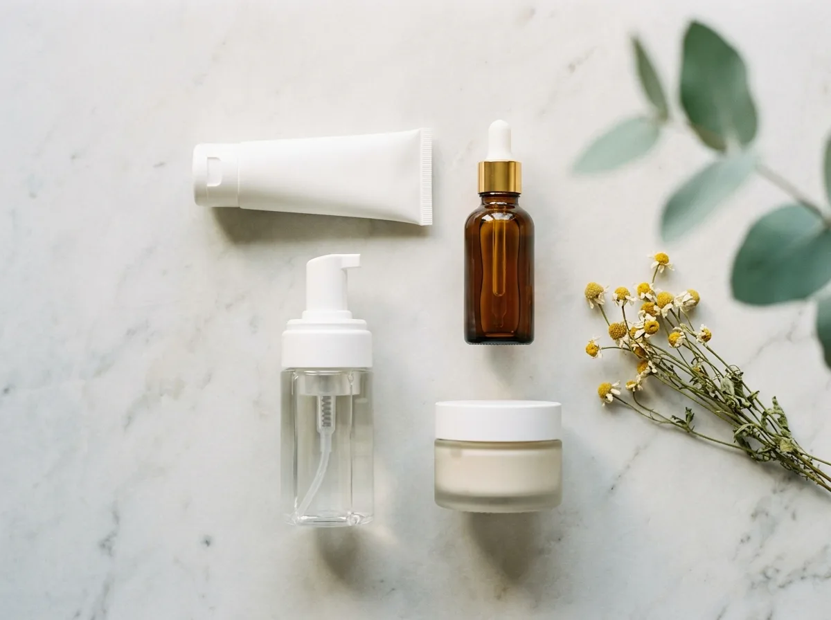 Flat lay of gentle cleanser, retinoid serum, and moisturizer used in a scar-prevention skincare routine