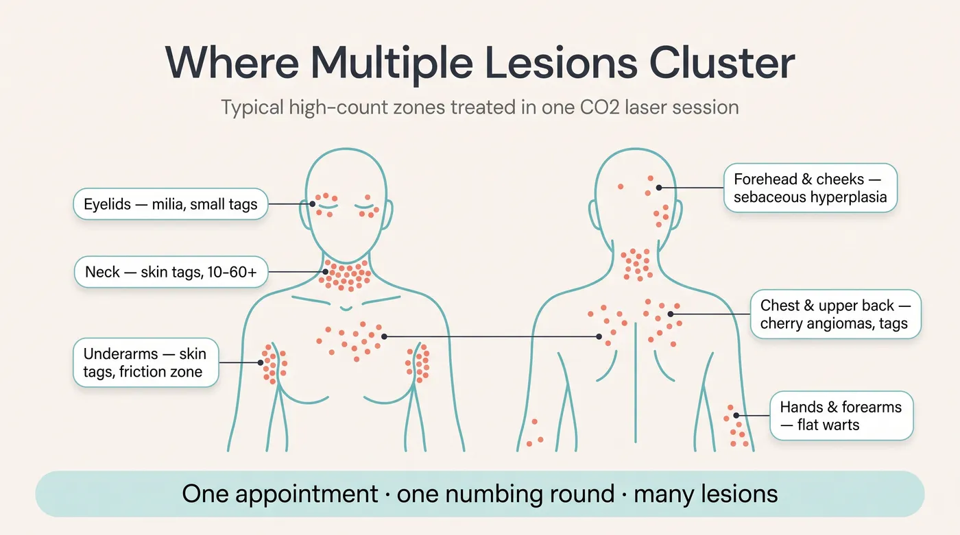 Body map infographic showing where multiple lesions cluster: skin tags on the neck and underarms, milia on the eyelids, sebaceous hyperplasia on the forehead and cheeks, cherry angiomas on the chest and upper back, and flat warts on the hands and forearms