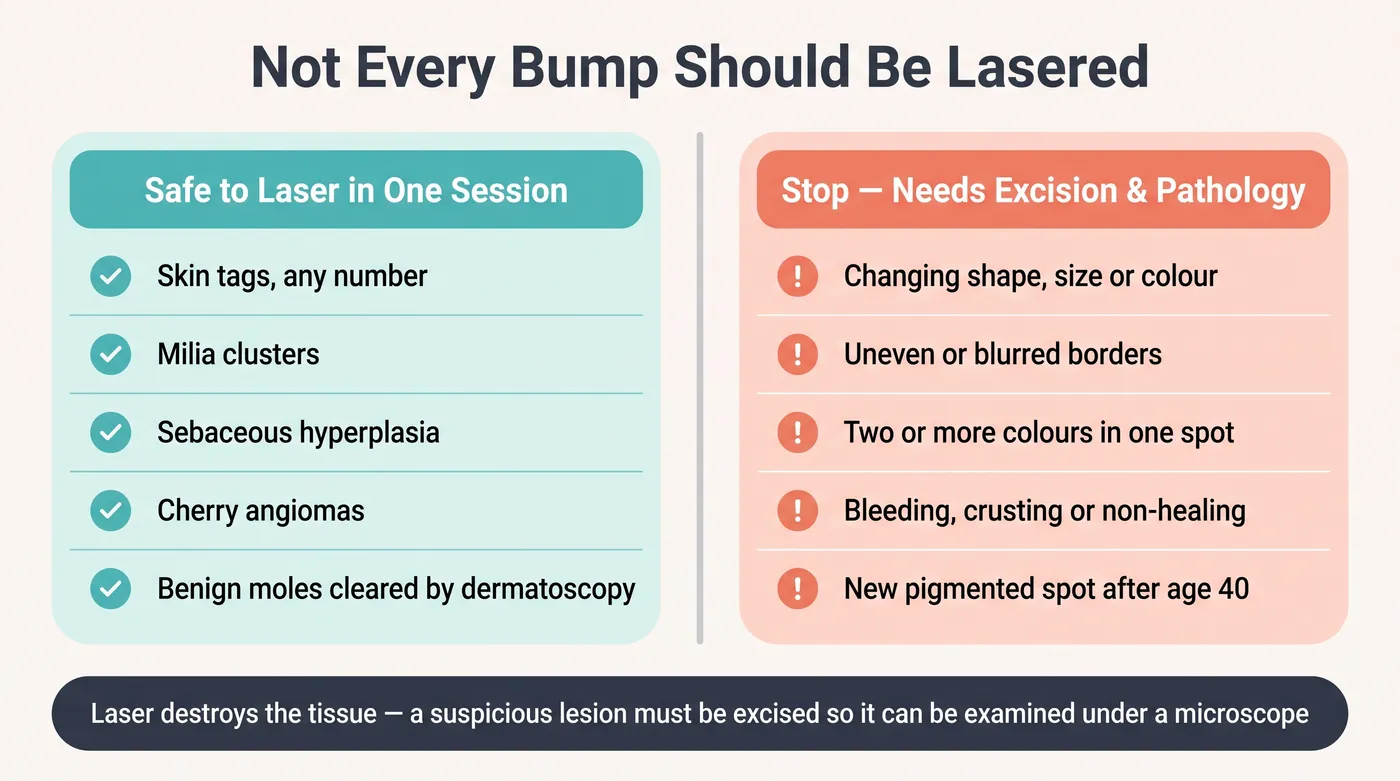 Comparison checklist showing lesions safe to remove by CO2 laser in one session versus red-flag lesions such as changing shape or colour, uneven borders, multiple colours, bleeding or non-healing spots that need surgical excision and pathology