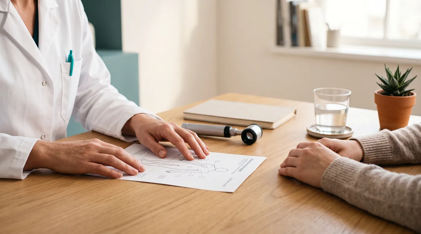 Dermatologist and patient seated across a consultation desk mapping lesions on a printed body chart, with a dermatoscope and notebook beside them, planning a single-session CO2 laser removal appointment