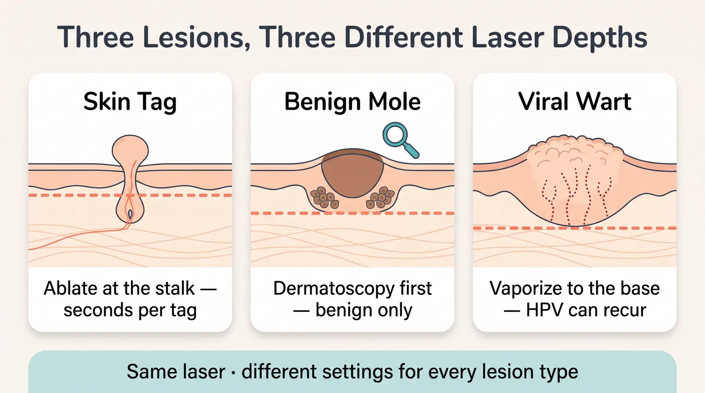Cross-section diagram comparing CO2 laser ablation depth for a skin tag at the stalk, a benign mole at the base of the pigment nests, and a viral wart down to the base of the thickened tissue