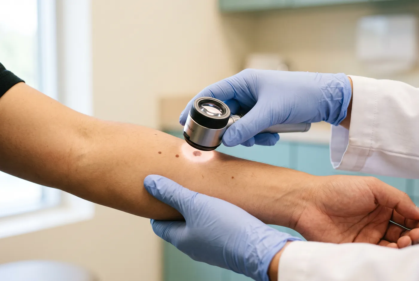 Gloved dermatologist hands pressing a handheld dermatoscope against a small brown mole on a patient's forearm during a skin cancer screening
