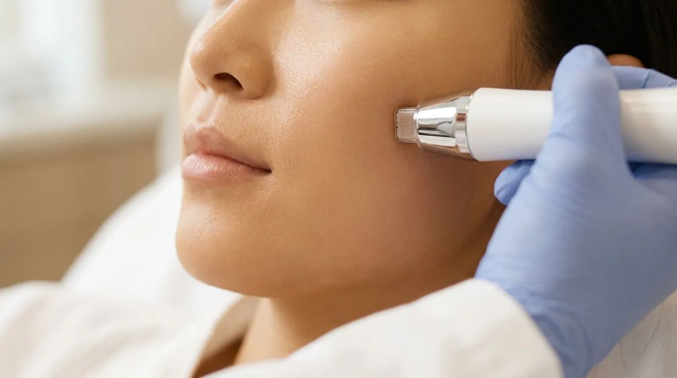 RF microneedling handpiece being applied to the cheek of an Asian patient during acne scar treatment