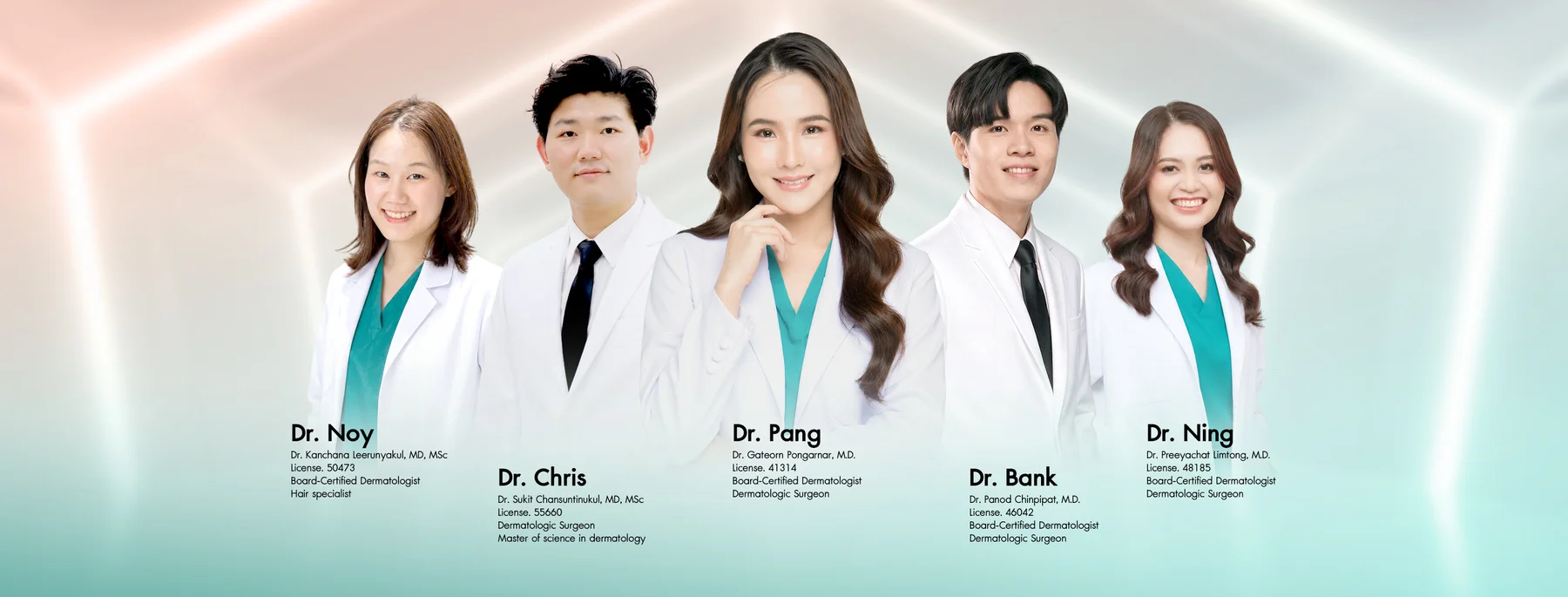 Board certified dermatologist team at Dr. Pang Skin Clinic - Dr. Noy, Dr. Chris, Dr. Pang, Dr. Bank and Dr. Ning